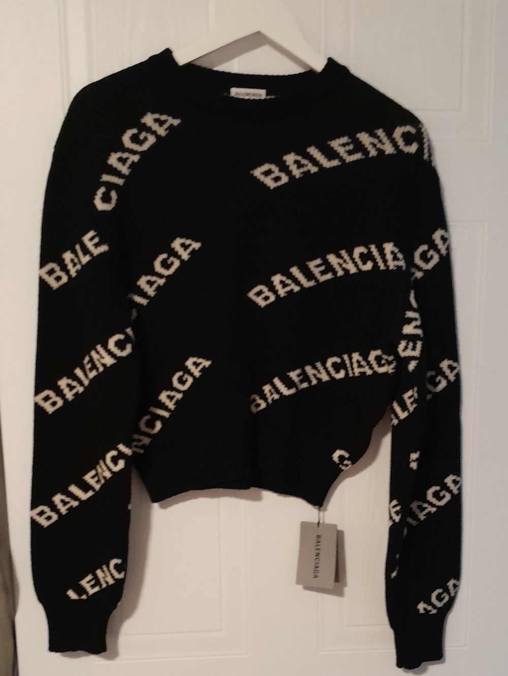 Balenciaga Black Crewneck Sweater with White Logo Print